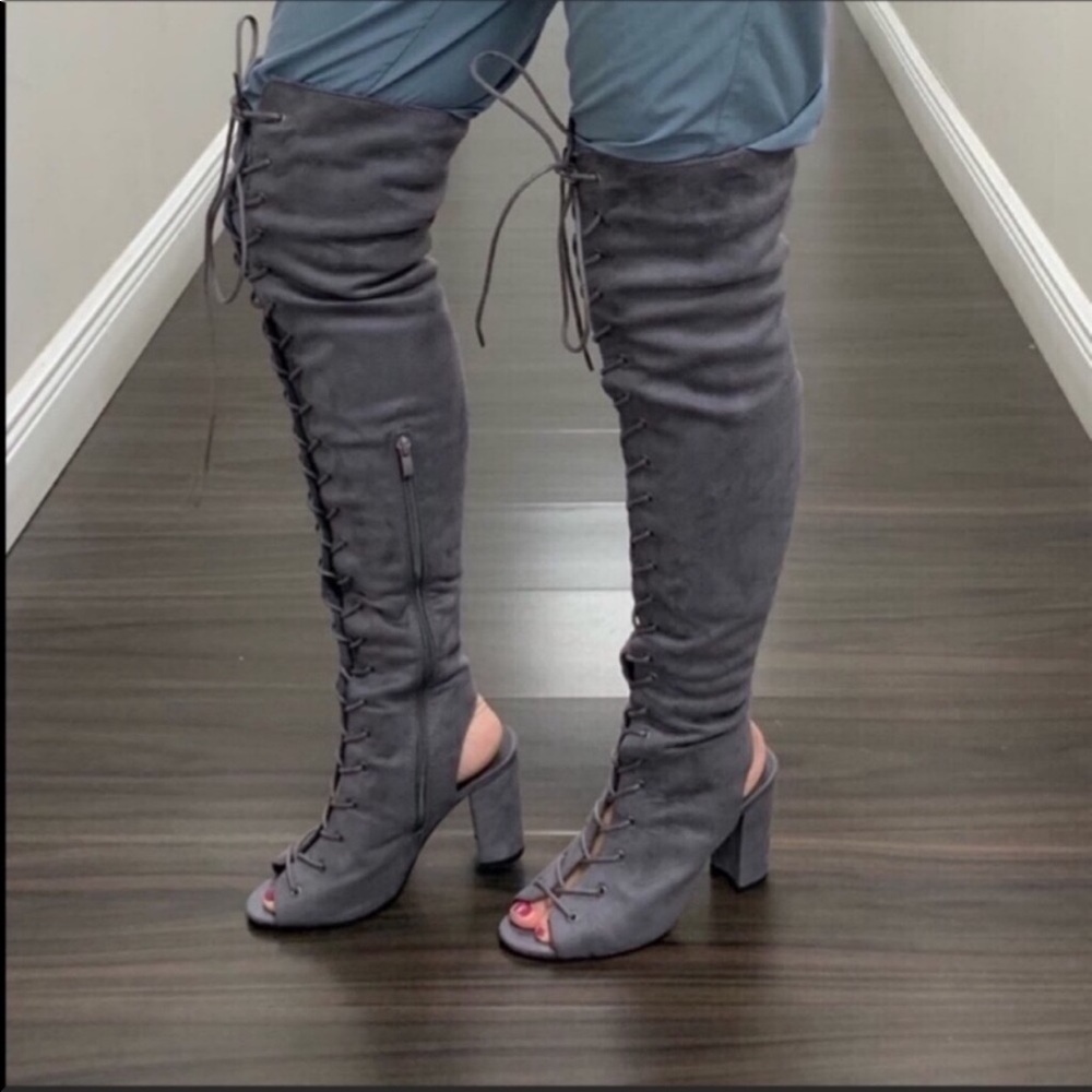 BETANI Gray Over The Knee Peep Toe Heeled Boots - Picture 2 of 4
